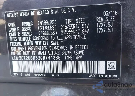 2016 Honda Hr-V Lx from USA, damaged, VIN 3CZRU6H33GM741886